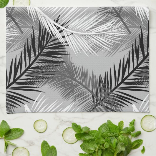 Palm Leaf Print, Grey / Grey, Black and White Theedoek (Gevouwen)