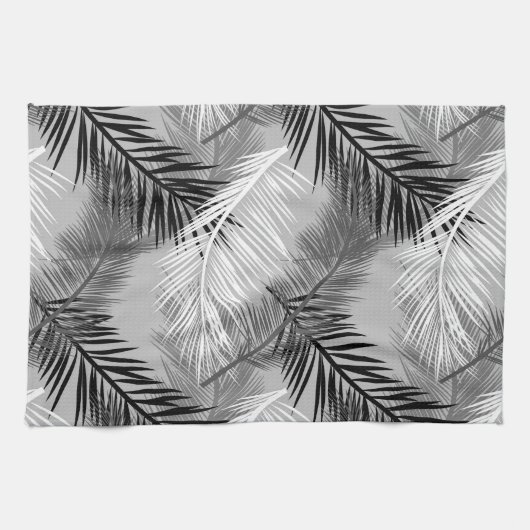 Palm Leaf Print, Grey / Grey, Black and White Theedoek (Horizontaal)