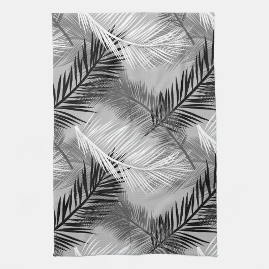 Palm Leaf Print, Grey / Grey, Black and White Theedoek (Verticaal)