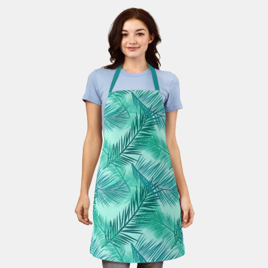 Palm Leaf Print, Turquoise, Blauwgroen en Aqua Sch Schort (Gedragen)