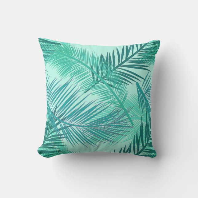 Palm Leaf Print, Turquoise, Blauwgroen en Light Aq Buitenkussen (Voorkant)