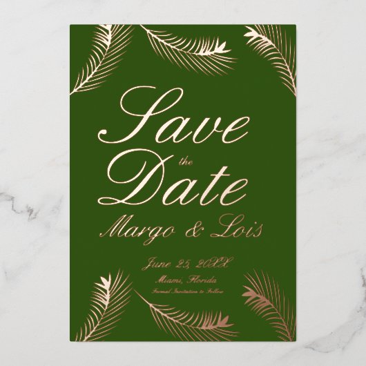 Palm Leaf Save the Date Green Gold Ppress Folie Uitnodiging (Voorkant)