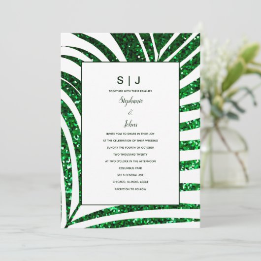 Palm Leaf Smaragd Groen Glitter Tropische Bruiloft Kaart (Staand voorkant)