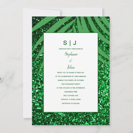 Palm Leaf Smaragd Groen Glitter Tropische Bruiloft Kaart (Voorkant)