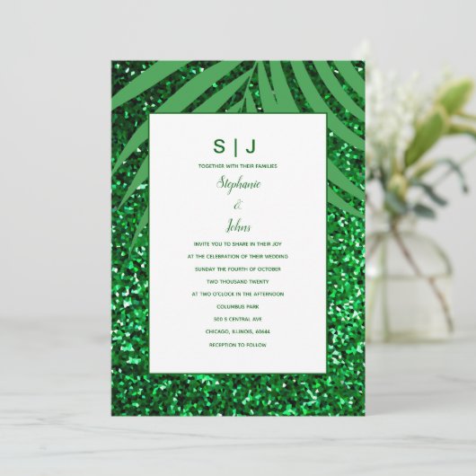 Palm Leaf Smaragd Groen Glitter Tropische Bruiloft Kaart (Staand voorkant)