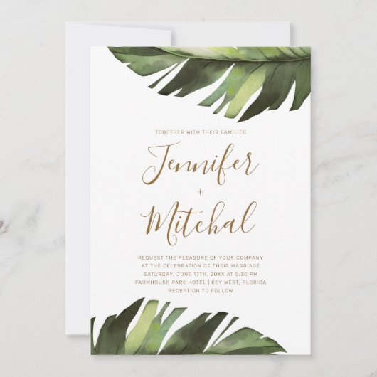 Palm Leaf Tropical Floral Minimal Wedding Kaart (Voorkant)