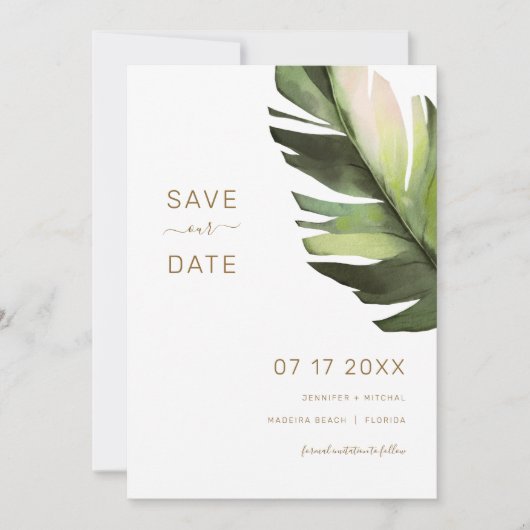 Palm Leaf Tropical Floral Save the Date Card Kaart (Voorkant)