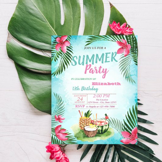 Palm Leaf, Tropical Flowers, Fruits Birthday Party Kaart