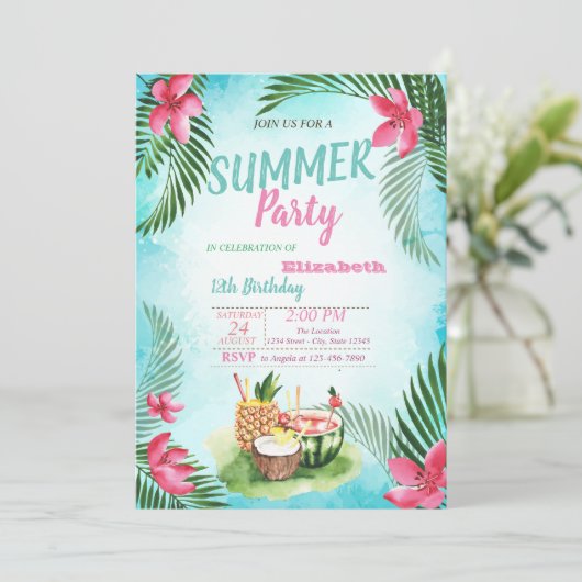 Palm Leaf, Tropical Flowers, Fruits Birthday Party Kaart (Staand voorkant)