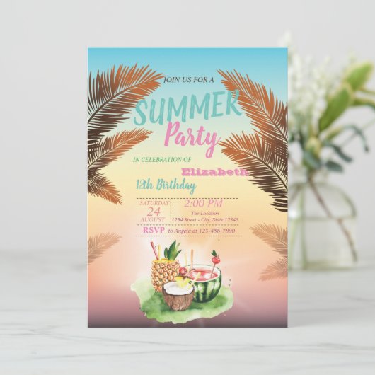 Palm Leaf, Tropical Fruits Birthday Party Kaart (Staand voorkant)