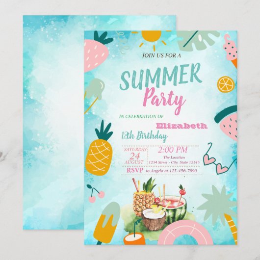 Palm Leaf, Tropical Fruits Birthday Party Kaart (Voorkant / Achterkant)