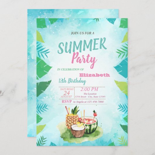Palm Leaf, Tropical Fruits, Summer Birthday Party Kaart (Voorkant / Achterkant)