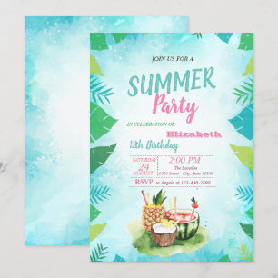 Palm Leaf, Tropical Fruits, Summer Birthday Party Kaart