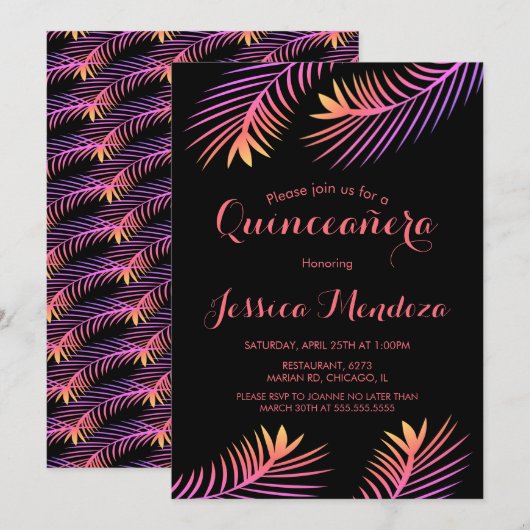Palm Leaf Tropical Quinceañera Sweet 16 Invitation Kaart (Voorkant / Achterkant)
