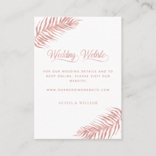 Palm Leaf Tropical Roos Gold White Wedding Website Informatiekaartje (Voorkant)