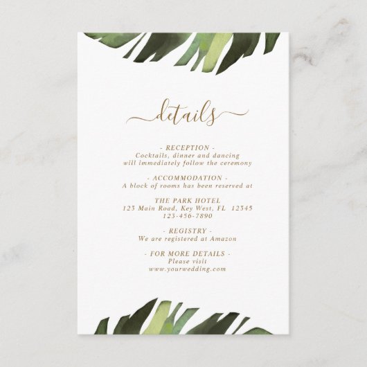 Palm Leaf Tropical Wedding Details Kaart (Voorkant)