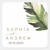 Palm Leaf Tropische Bloemen Bruiloft Vierkante Sticker (Voorkant)