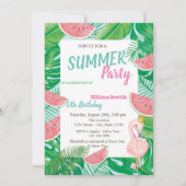 Palm Leaf Watermelon Pink Flamingo Birthday Party Kaart (Voorkant)