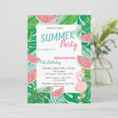 Palm Leaf Watermelon Pink Flamingo Birthday Party Kaart (Staand voorkant)