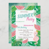 Palm Leaf Watermelon Pink Flamingo Birthday Party Kaart (Voorkant / Achterkant)