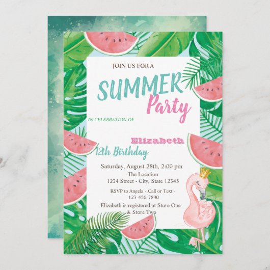 Palm Leaf Watermelon Pink Flamingo Birthday Party Kaart (Voorkant / Achterkant)