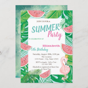 Palm Leaf Watermelon Pink Flamingo Birthday Party Kaart