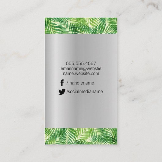 Palm Leaf Zilver Metallic Houten Grain Trim Visitekaartje (Achterkant)