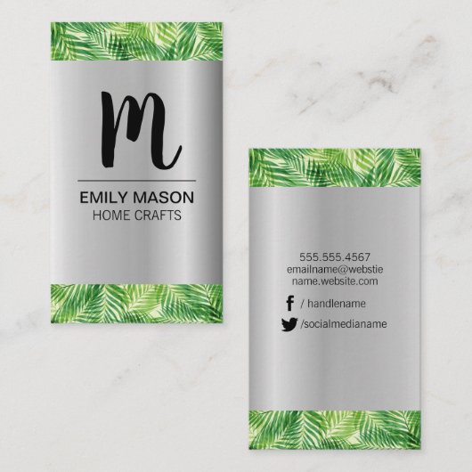 Palm Leaf Zilver Metallic Houten Grain Trim Visitekaartje (Voorkant / Achterkant)