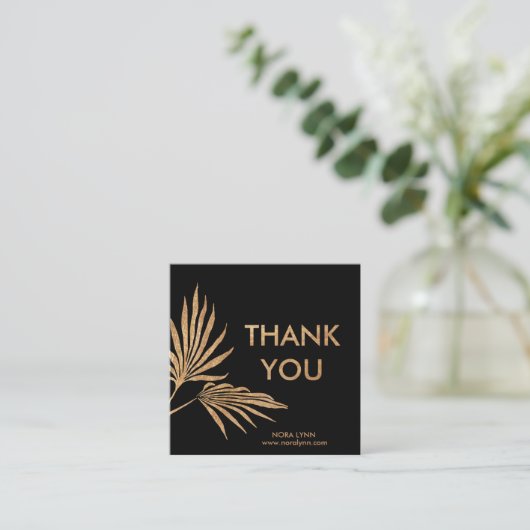 Palm Leaf Zwart en Goud Bedankt Vierkante Visitekaartje (Staand voorkant)