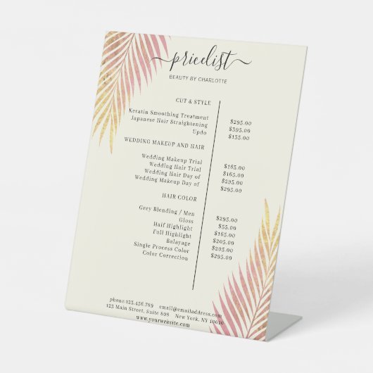 Palm Leafy Salon prijslijst Reclamebord Met Voetstuk (Voorkant)