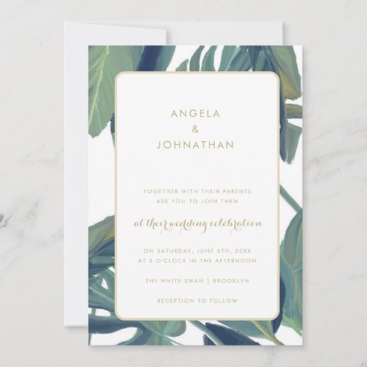 Palm Leaves Beach Tropical Wedding Invitation Kaart (Voorkant)