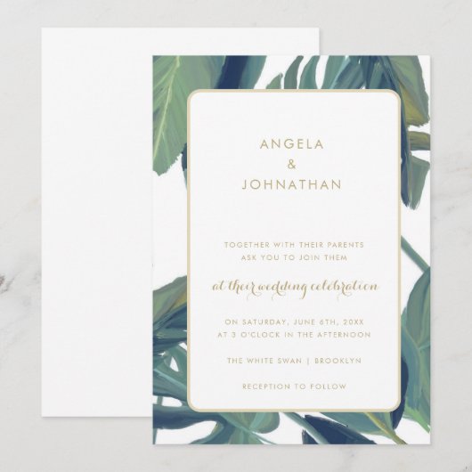 Palm Leaves Beach Tropical Wedding Invitation Kaart (Voorkant / Achterkant)