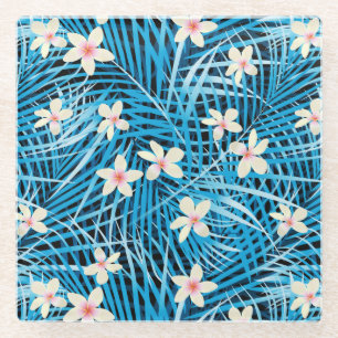 Palm Leaves Blue Pattern Glazen Onderzetter