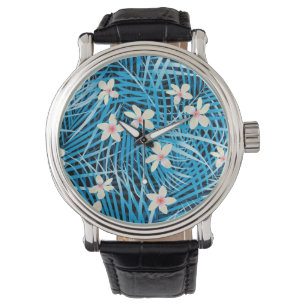 Palm Leaves Blue Pattern Horloge