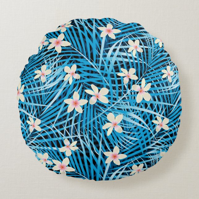 Palm Leaves Blue Pattern Rond Kussen (Voorkant)