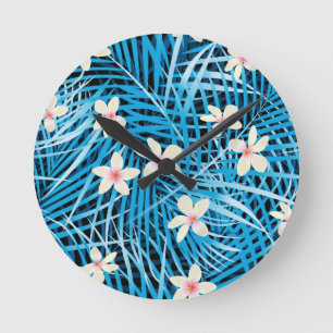 Palm Leaves Blue Pattern Ronde Klok