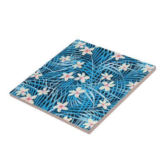 Palm Leaves Blue Pattern Tegeltje (Zijkant)