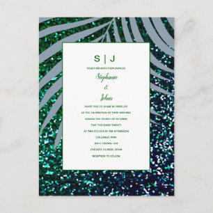 Palm Leaves Dusty Blue Green Glitter Wedding Uitnodiging Briefkaart