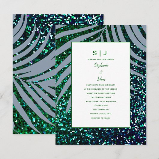 Palm Leaves Dusty Blue Green Glitter Wedding Uitnodiging Briefkaart (Voorkant / Achterkant)