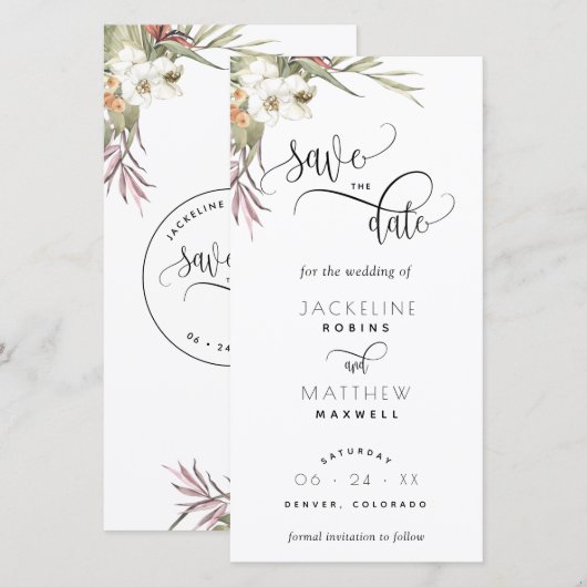 Palm Leaves Floral Wedding Save the Date Bladwijze (Voorkant / Achterkant)