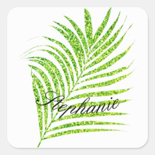 Palm Leaves Glittery Green Aangepaste naam Schatti Vierkante Sticker