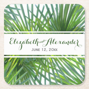 Palm Leaves Green Names and Date Wedding Onderzett Kartonnen Onderzetters