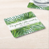 Palm Leaves Green Names en Date Wedding Onderzette Kartonnen Onderzetters (Schuin)