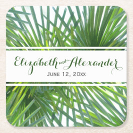 Palm Leaves Green Names en Date Wedding Onderzette Kartonnen Onderzetters