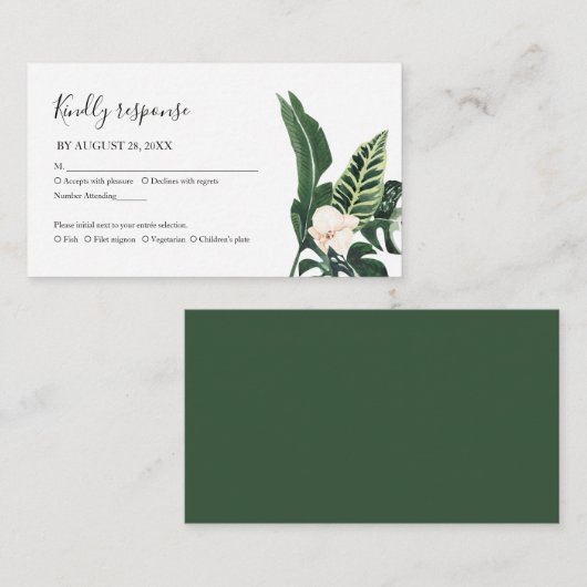 Palm Leaves Hibiscus Tropical Elegant Wedding RSVP Informatiekaartje (Voorkant / Achterkant)