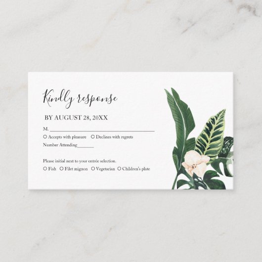 Palm Leaves Hibiscus Tropical Elegant Wedding RSVP Informatiekaartje (Voorkant)