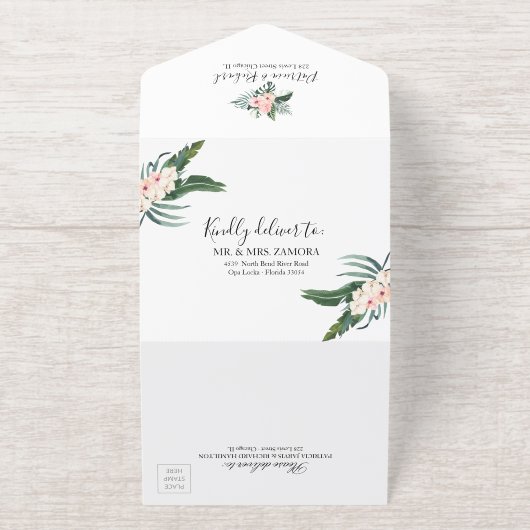 Palm Leaves Hibiscus Tropical Geometric Wedding All In One Uitnodiging (Buiten)