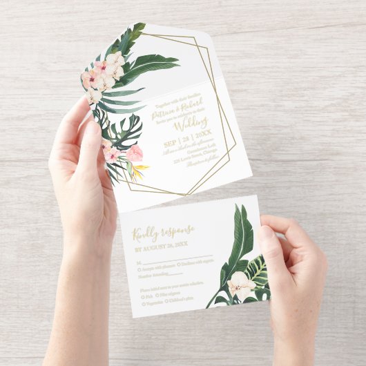Palm Leaves Hibiscus Tropical Geometric Wedding All In One Uitnodiging (Uittrekbaar)
