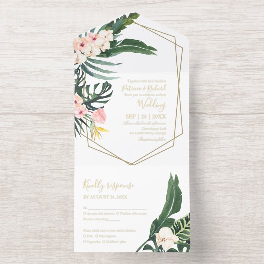 Palm Leaves Hibiscus Tropical Geometric Wedding All In One Uitnodiging (Binnenkant)