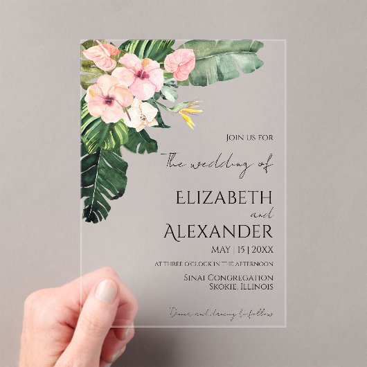 Palm Leaves Hibiscus Tropisch groen Bruiloft Acryl Uitnodigingen (Insitu (Draagbaar))